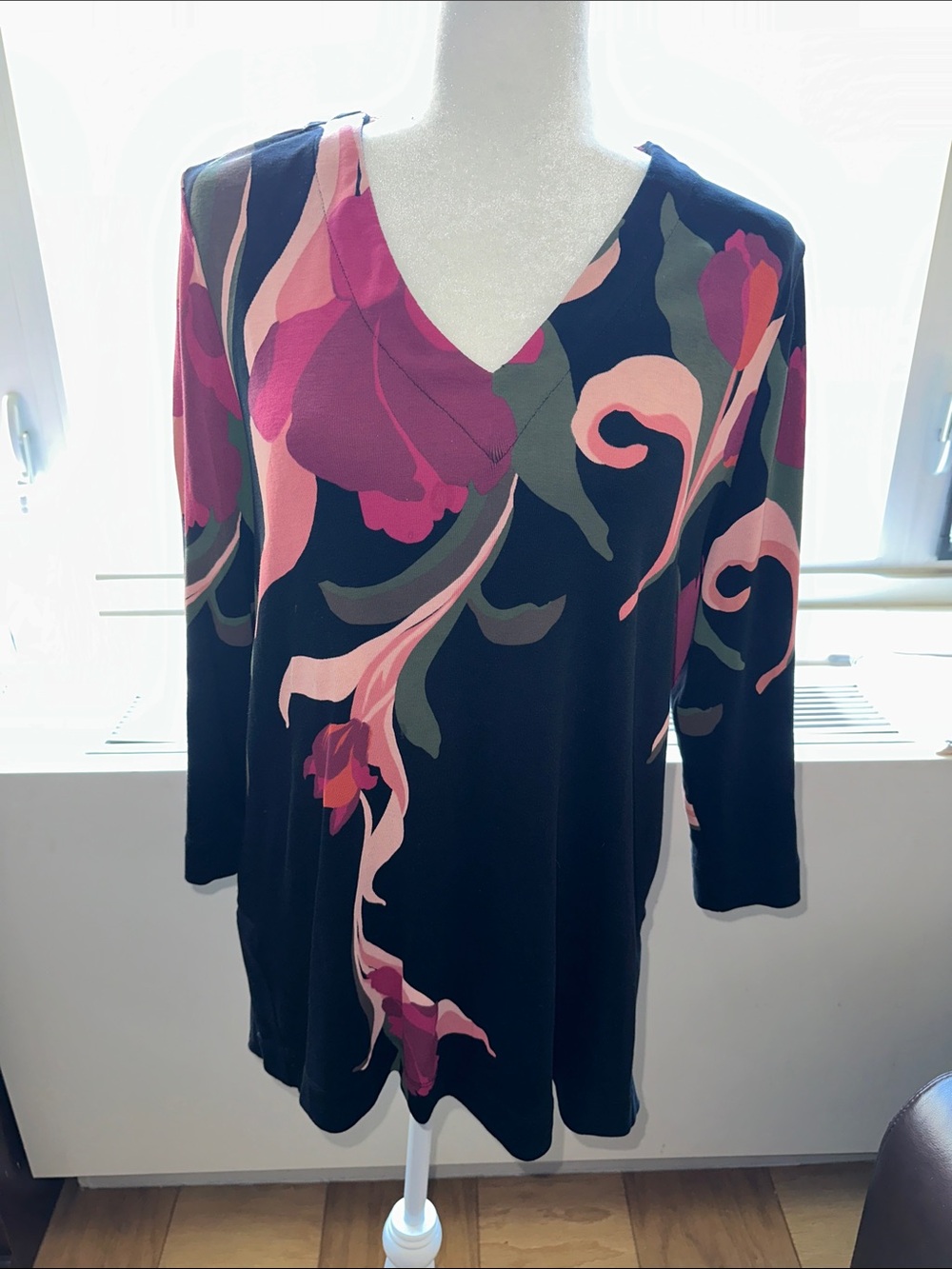 Chico's Black V-Neck Tunic with Pink Floral Swirl - Picture 3 of 5